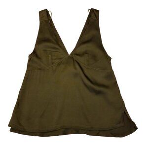 NWT Zara Satin Tank Top XS Olive Green Womens Top Vneck Relaxed Fit Mid Length